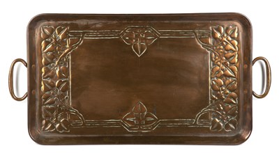 Lot 417 - Arts and Crafts copper twin handles tray with...