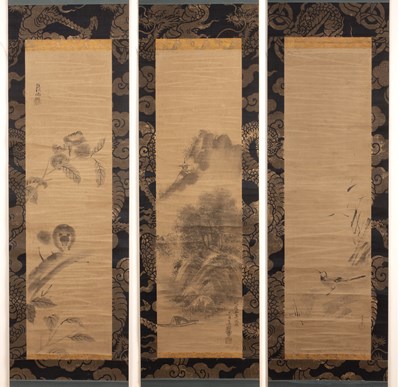 Lot 180 - Three scrolls Japanese each painted with a...