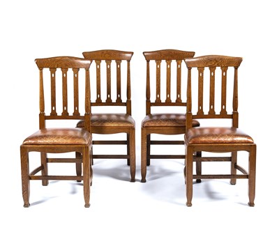 Lot 28 - Arts and Crafts Set of four oak dining chairs,...