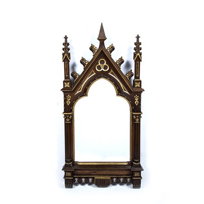 Lot 72 - Gothic style oak framed mirror with arched...