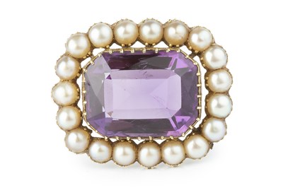 Lot 82 - An amethyst and half pearl cluster brooch, the...