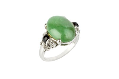 Lot 195 - An Art Deco jade, onyx and diamond dress ring,...