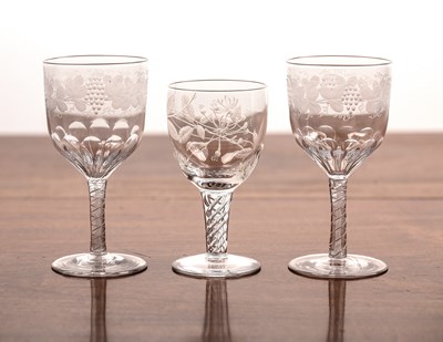 Lot 204 - Three etched drinking glasses comprising of: a...