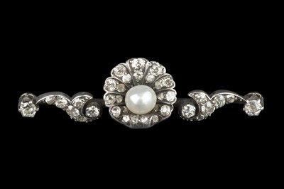 Lot 190 - A pearl and diamond bar brooch, modelled as a...