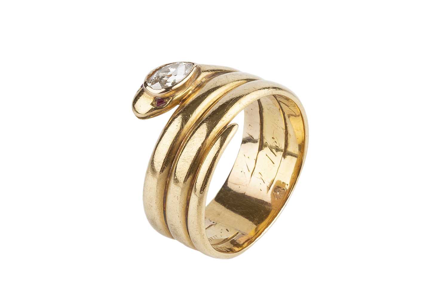 Lot 13 - A Victorian diamond set serpent ring, the...