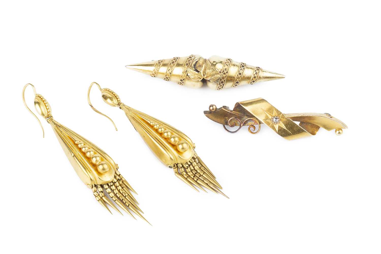 Lot 16 - A pair of Victorian ear pendants, applied with...