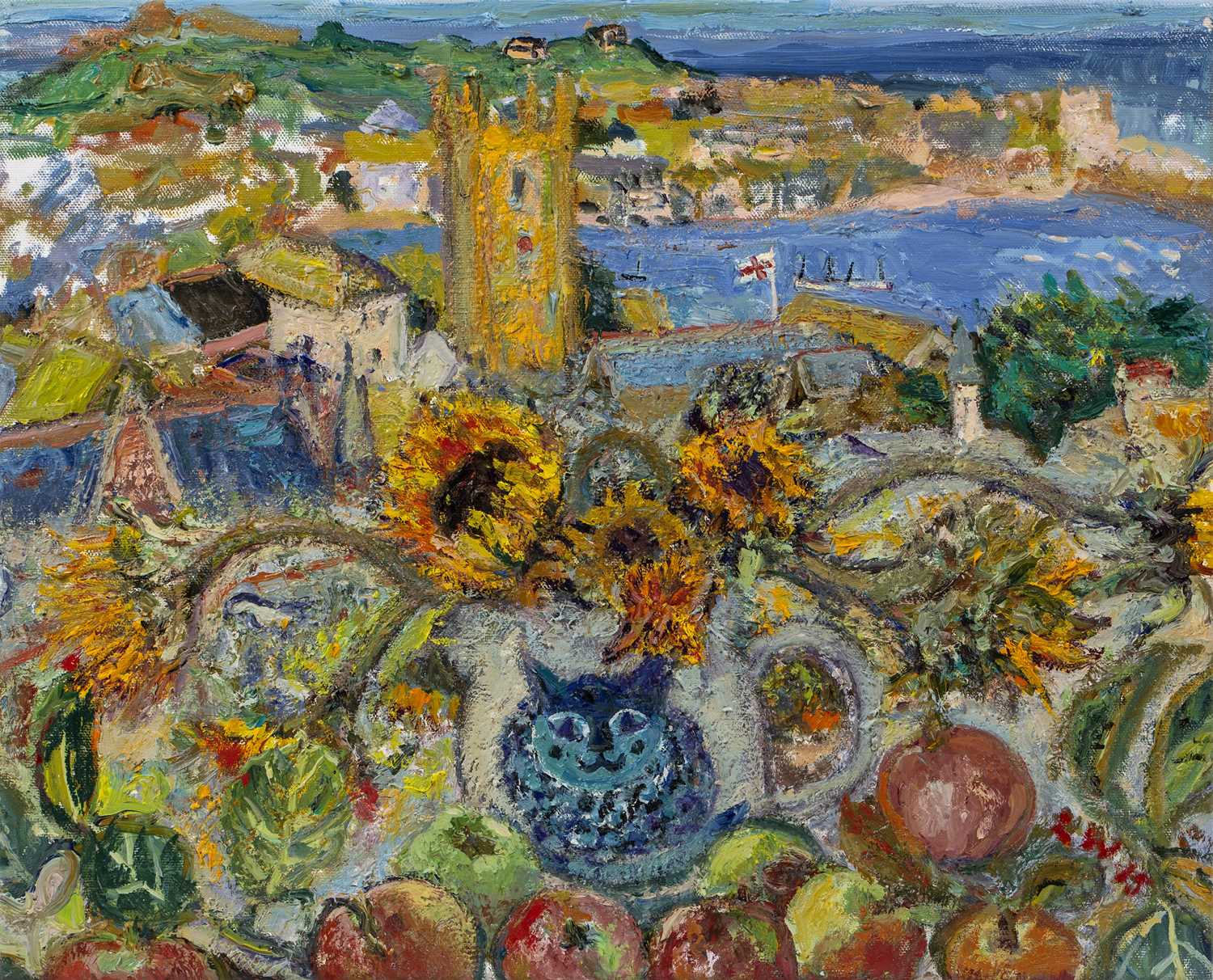 Lot 300 - Linda Weir (b.1951) Cat and Sunflowers