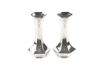 Lot 379 - A pair of Edwardian silver vases, each of...