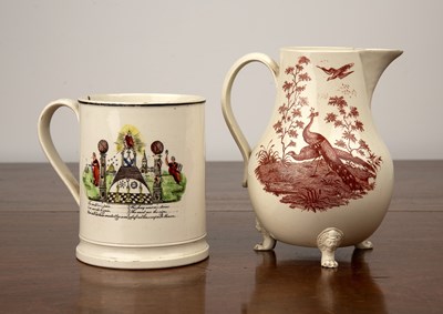 Lot 195 - Creamware jug and a Masonic creamware frog mug...