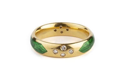 Lot 98 - A green enamel and diamond set band ring, the...