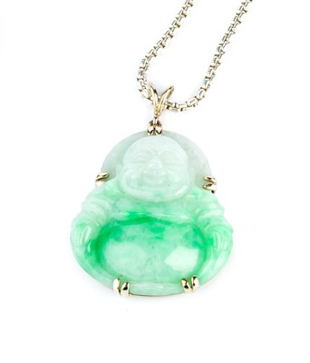 Lot 105 - A jadeite pendant, carved to depict a Buddha,...