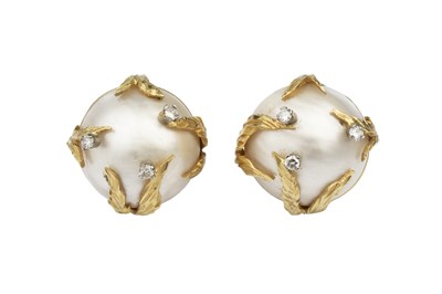 Lot 184 - A pair of mabe pearl and diamond ear clips,...