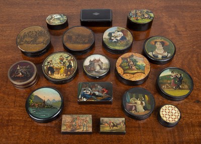 Lot 185 - Collection of papier mache painted snuff boxes...