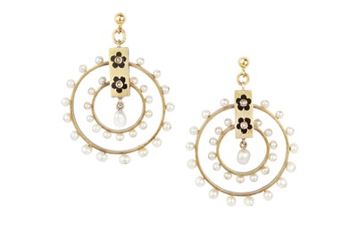 Lot 109 - A pair of seed pearl, enamel and diamond ear...