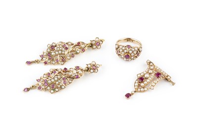 Lot 136 - A pair of Eastern ruby and half pearl ear...