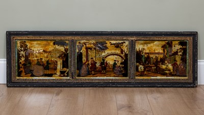 Lot 287 - A reverse glass picture depicting three 18th century scenes of the humanities and arts