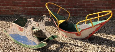 Lot 311 - A vintage painted wood rocking horse and a vintage painted metal rocking boat