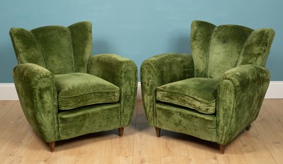 Lot 433 - A pair of green velvet upholstered armchairs