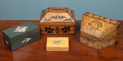 Lot 10 - A 19th century Tunbridgeware correspondence box; a marble cased cigarette box; a small leather covered box; and a sycamore box
