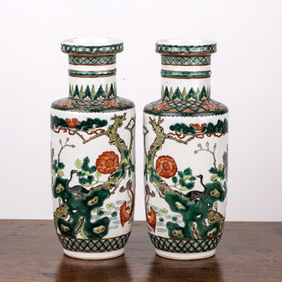 Lot 61 - Pair of small famille verte rouleau vases...