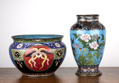 Lot 480 - Cloisonne vase of blue ground and a jardiniere...