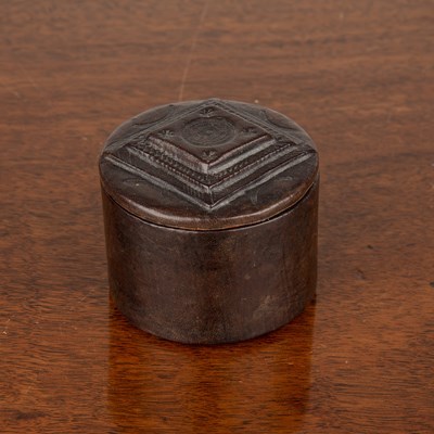 Lot 203 - Small leather cylindrical box with impressed...