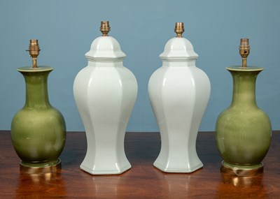 Lot 94 - Two pairs of glazed ceramic table lamps