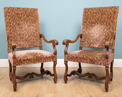 Lot 141 - A pair of walnut framed Spanish open armchairs,...