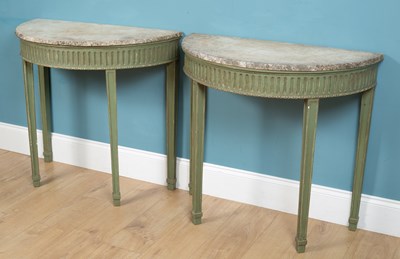 Lot 511 - A pair of green-painted, marble-topped D-shaped console tables