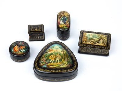 Lot 193 - Five Russian lacquered boxes the largest 10cm...