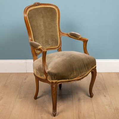 Lot 321 - A Louis XV style armchair, sage green...