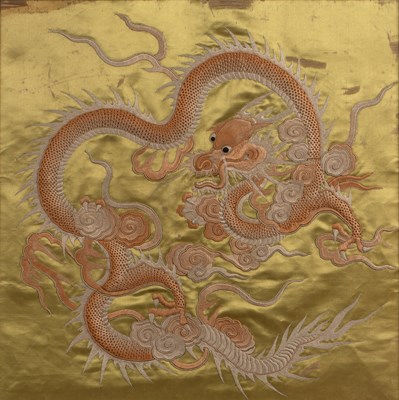 Lot 174 - Silk and embroidered study of a dragon and...