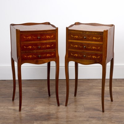 Lot 85 - Pair of marquetry bedside table cabinets...