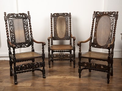 Lot 93 - Three similar walnut armchairs Carolean and...