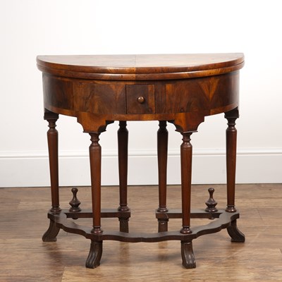 Lot 60 - Quarter veneered walnut demi-lune card table...