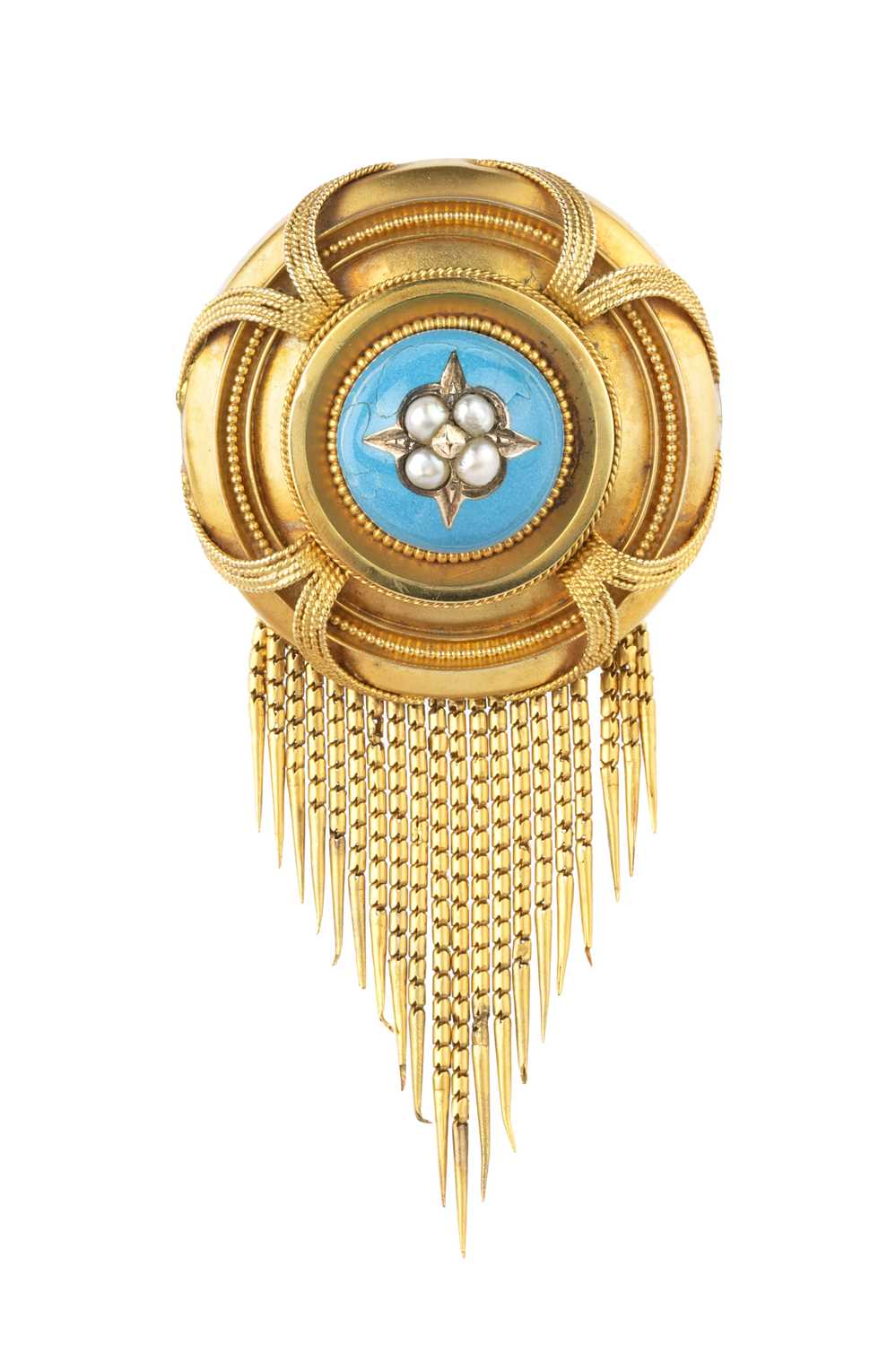 Lot 23 - A Victorian enamel and half pearl panel brooch,...