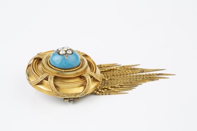 Lot 23 - A Victorian enamel and half pearl panel brooch,...