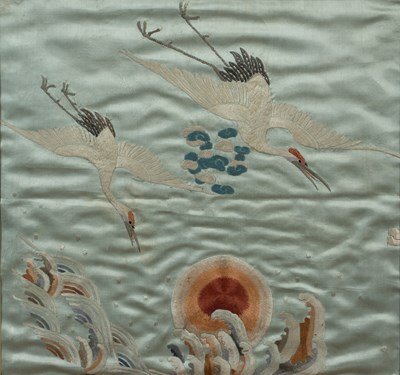 Lot 353 - Framed silk panel Chinese of pale blue ground,...