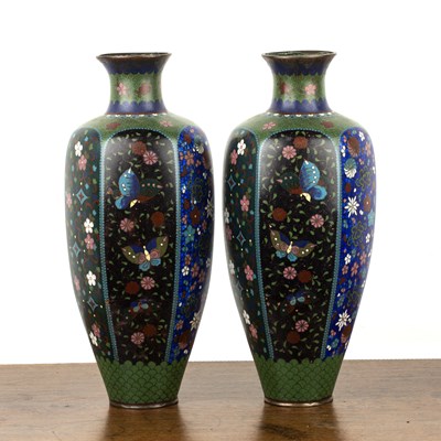 Lot 518 - Pair of cloisonne tapering hexagonal vases...
