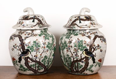 Lot 71 - Pair of large cracked ice ovoid vases and...