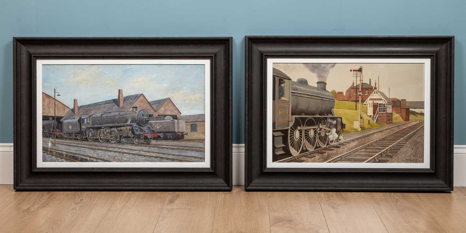 Lot 17 - Two steam train oil paintings, framed, one by...