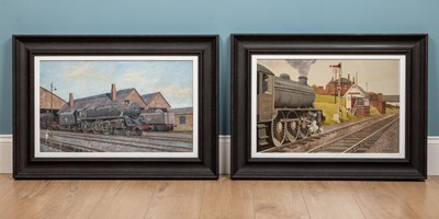 Lot 17 - Two steam train oil paintings, framed, one by...