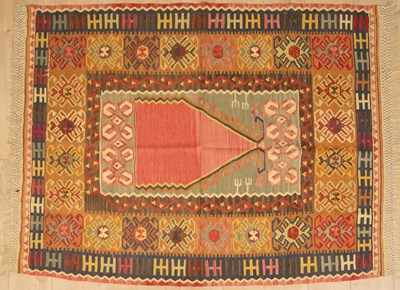 Lot 313 - A flatweave rug, with orange and red patterns,...