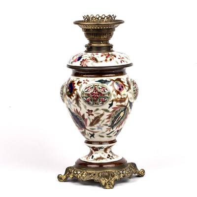 Lot 248 - A Zsolnay Pecs style pottery oil lamp 19cm...