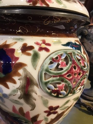 Lot 248 - A Zsolnay Pecs style pottery oil lamp 19cm...