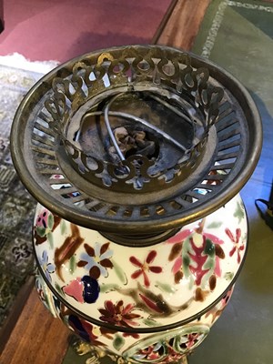 Lot 248 - A Zsolnay Pecs style pottery oil lamp 19cm...