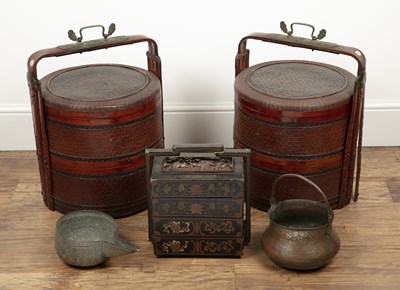 Lot 382 - Two wicker marriage cases and a lacquer picnic...