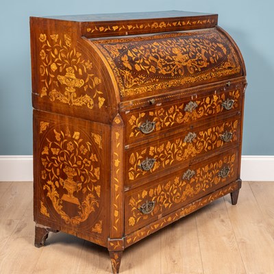 Lot 471 - An 18th century/19th century Dutch marquetry cylinder bureau