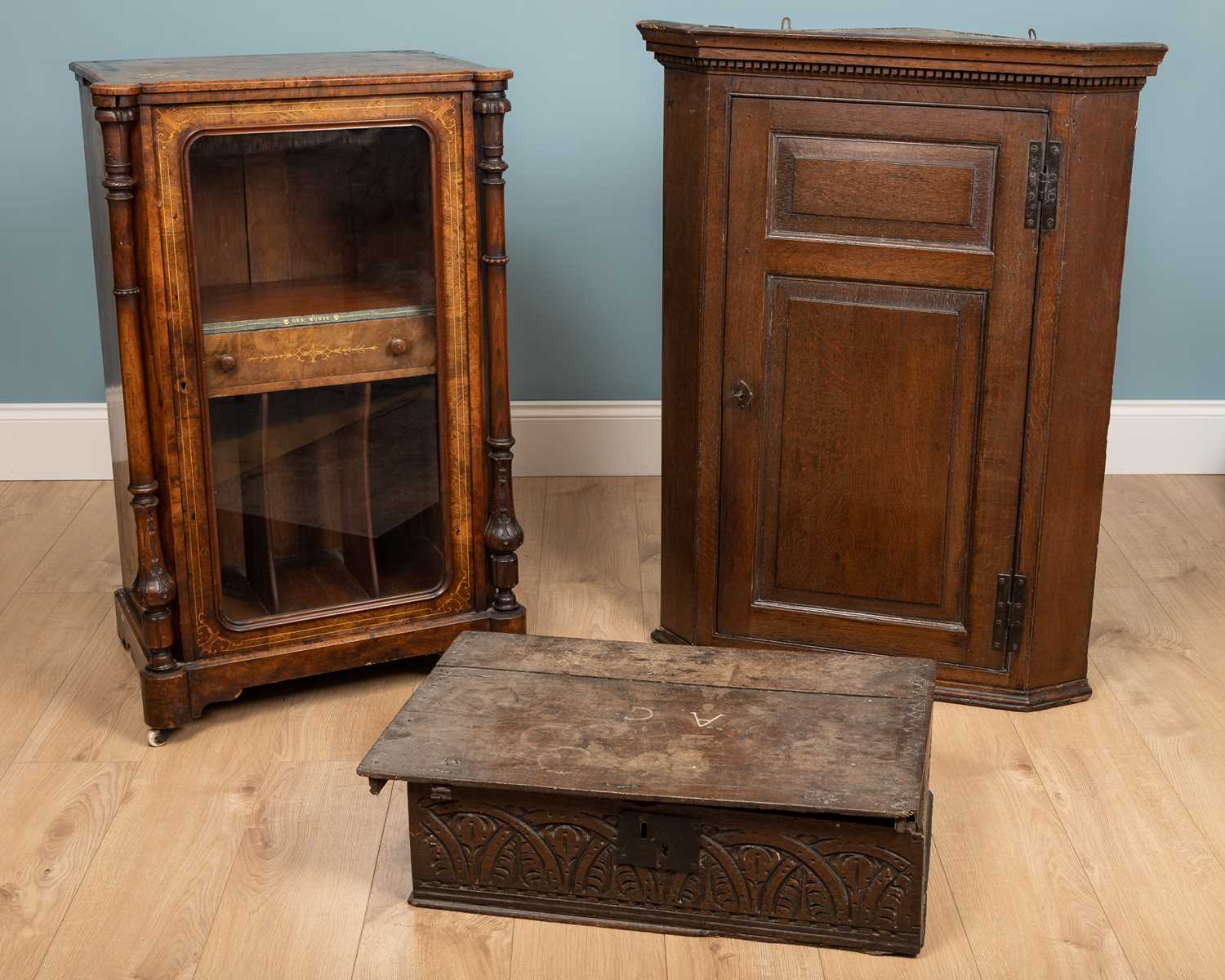 Lot 247 - An oak bible box, a corner stand, and a...