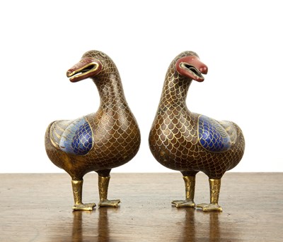 Lot 567 - Pair of cloisonne ducks Japanese modelled with...